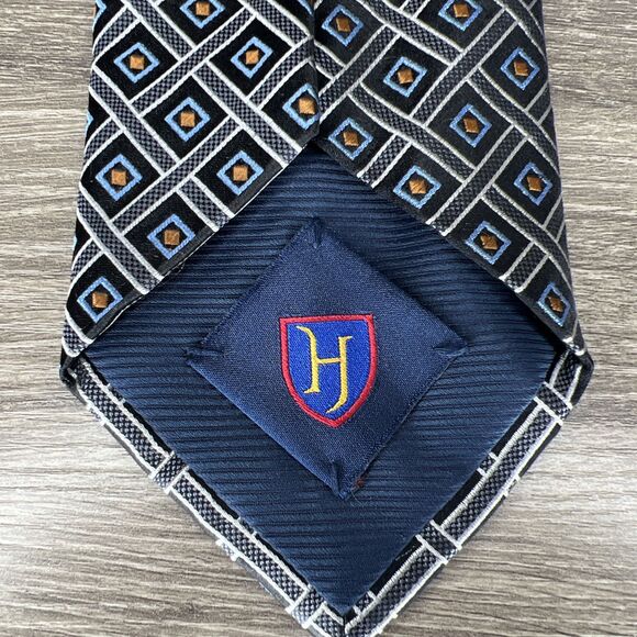 Henry Jacobson 100% Silk Hand Made Tie Men's Geometric Blue Square 4" x 61" - Picture 5 of 7